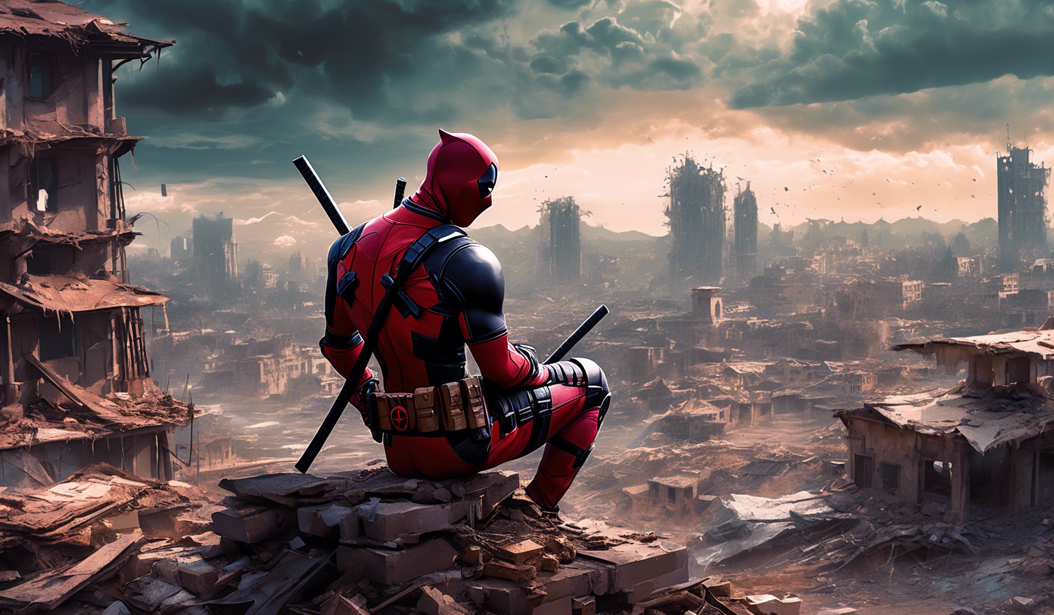 Deadpool sitting down looking sad with destroyed buildings and scenery behind him like he's the only person left