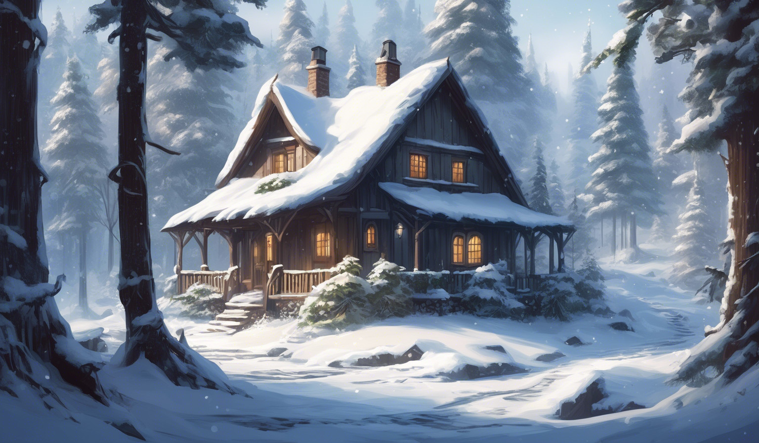 A Cottage in a snowy forest