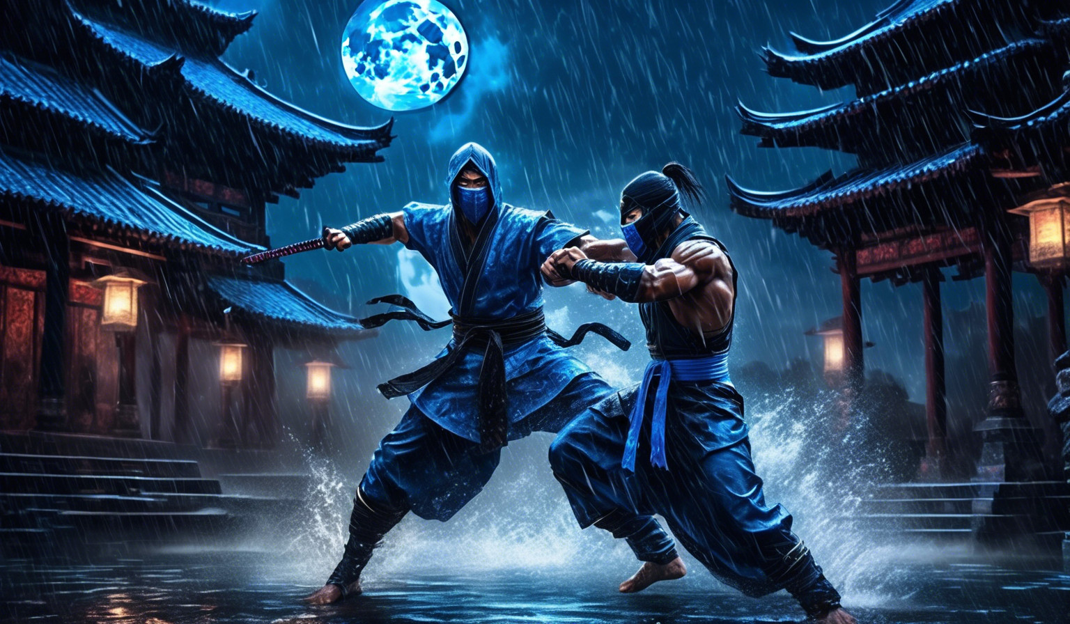 A Mortal Kombat type ninja fighting in the rain at a dark temple with a big blue moon lightimg the stage. He is muscular barecested handsome and angry after losing round one. He gets ready for round two with bleeding wounds from his previou round