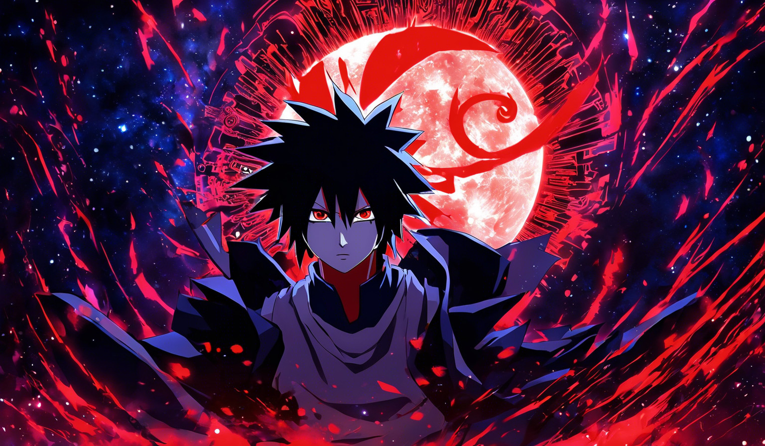 Sasuke Uchiha del anime de naruto shippuden, el esta parado y de fondo la luna esta roja, el ambiente es oscuro y a el se le ve en los ojos el sharingan y en rinnegan 