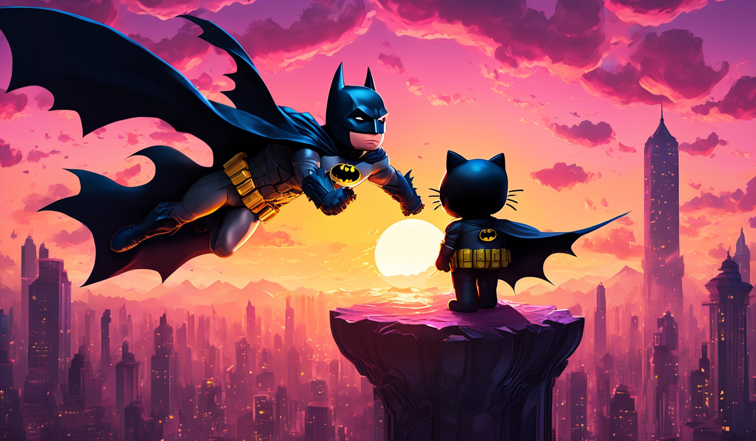 Batman and hello kitty with a sunset