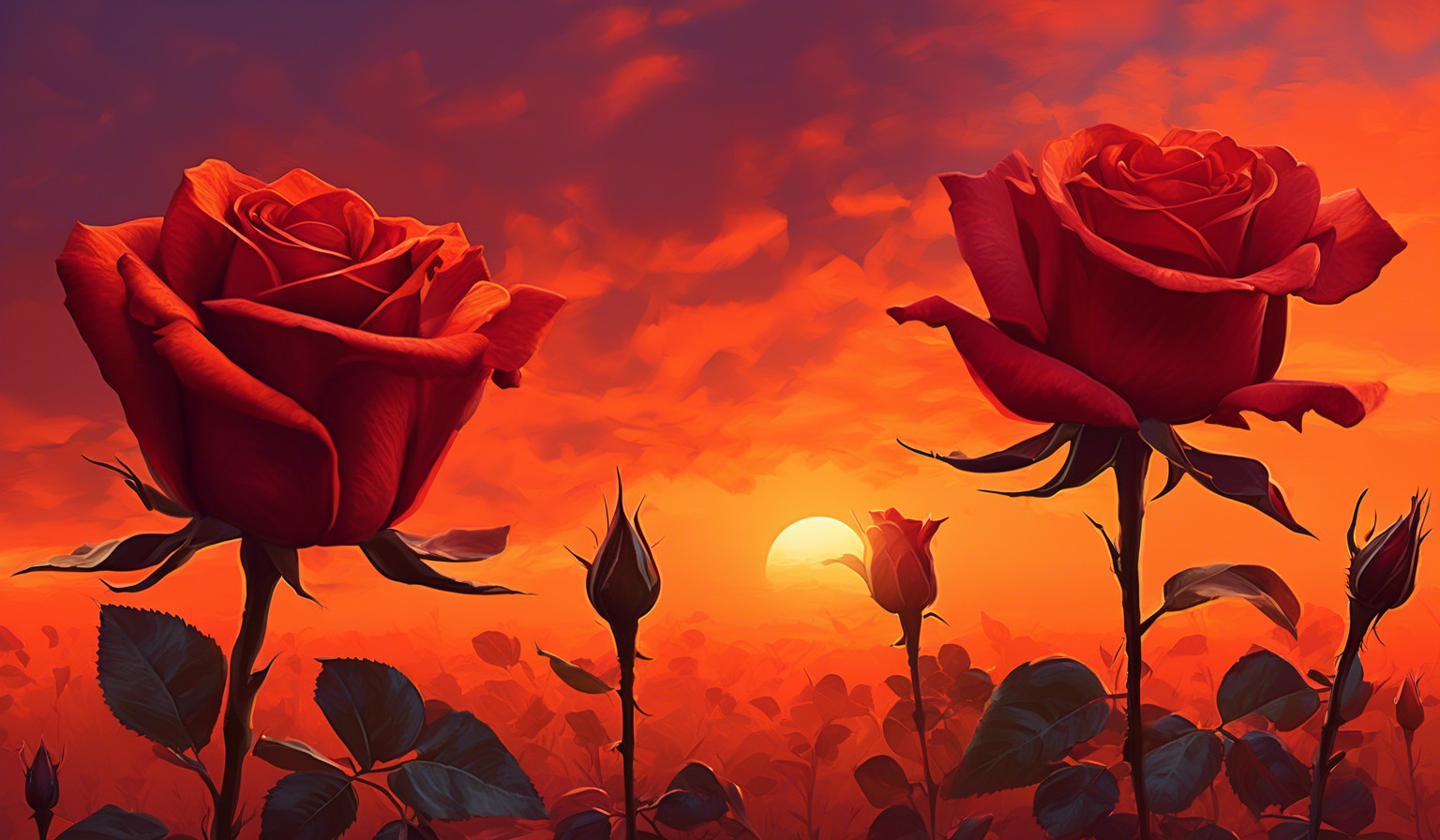 Red roses, orange sunset