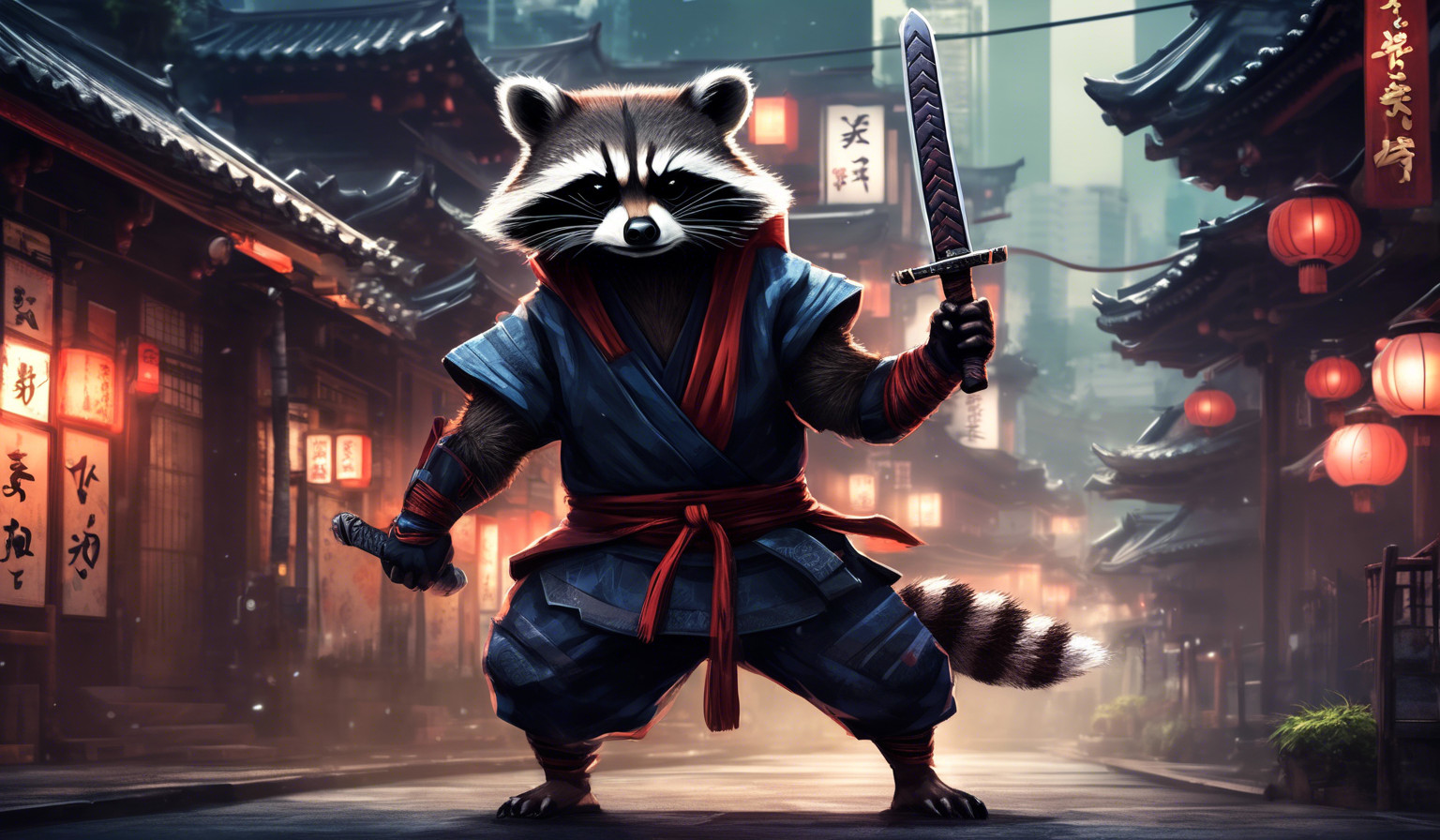 racoon ninja with a sword in tokyo ready to fight