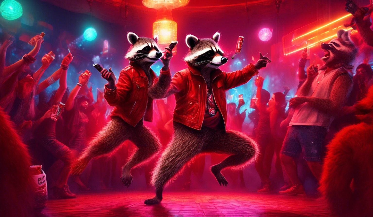 racoon bandit dancing in a red disco party smokng a cigerrete