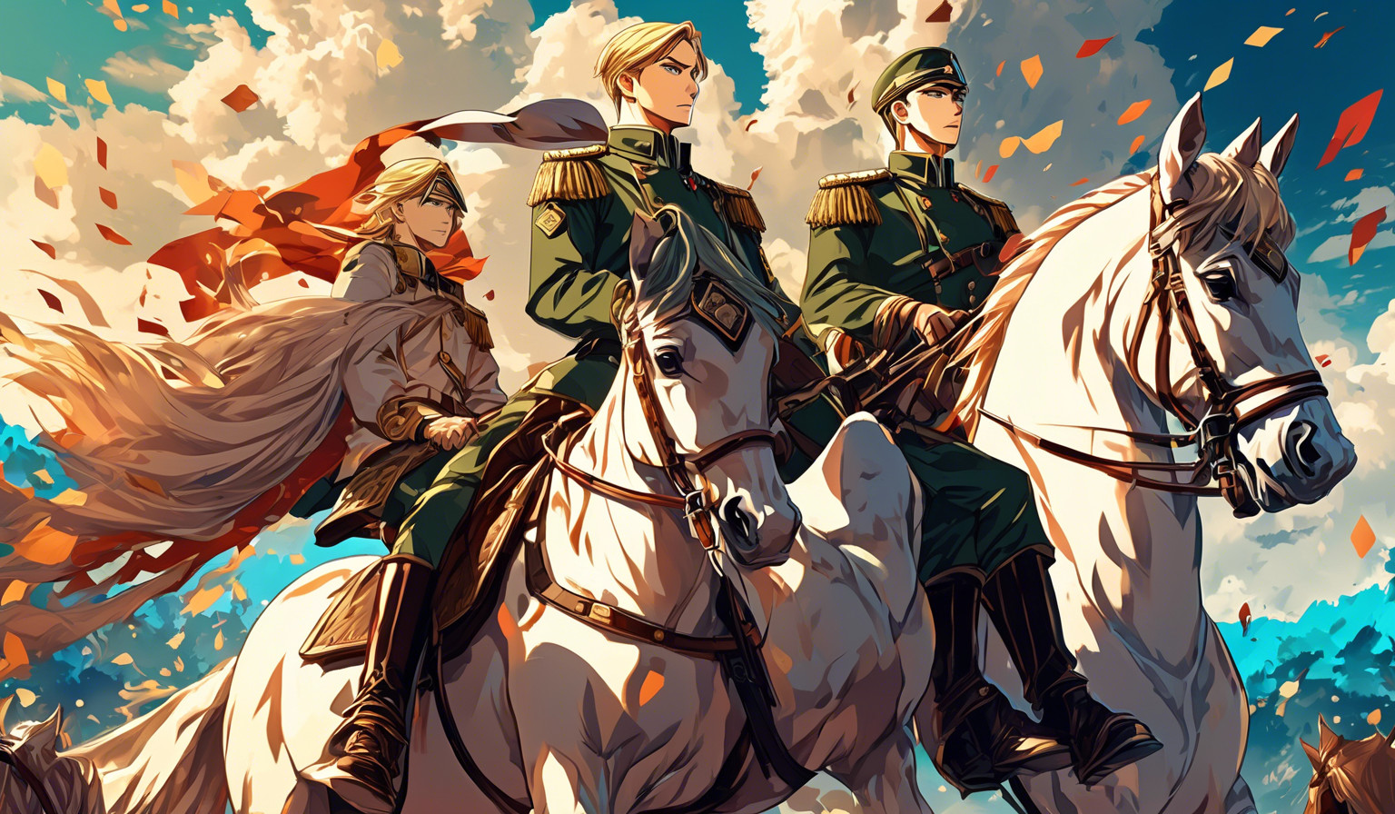 commander erwin on his horse and his horse is on back feet and commander command soldiers 