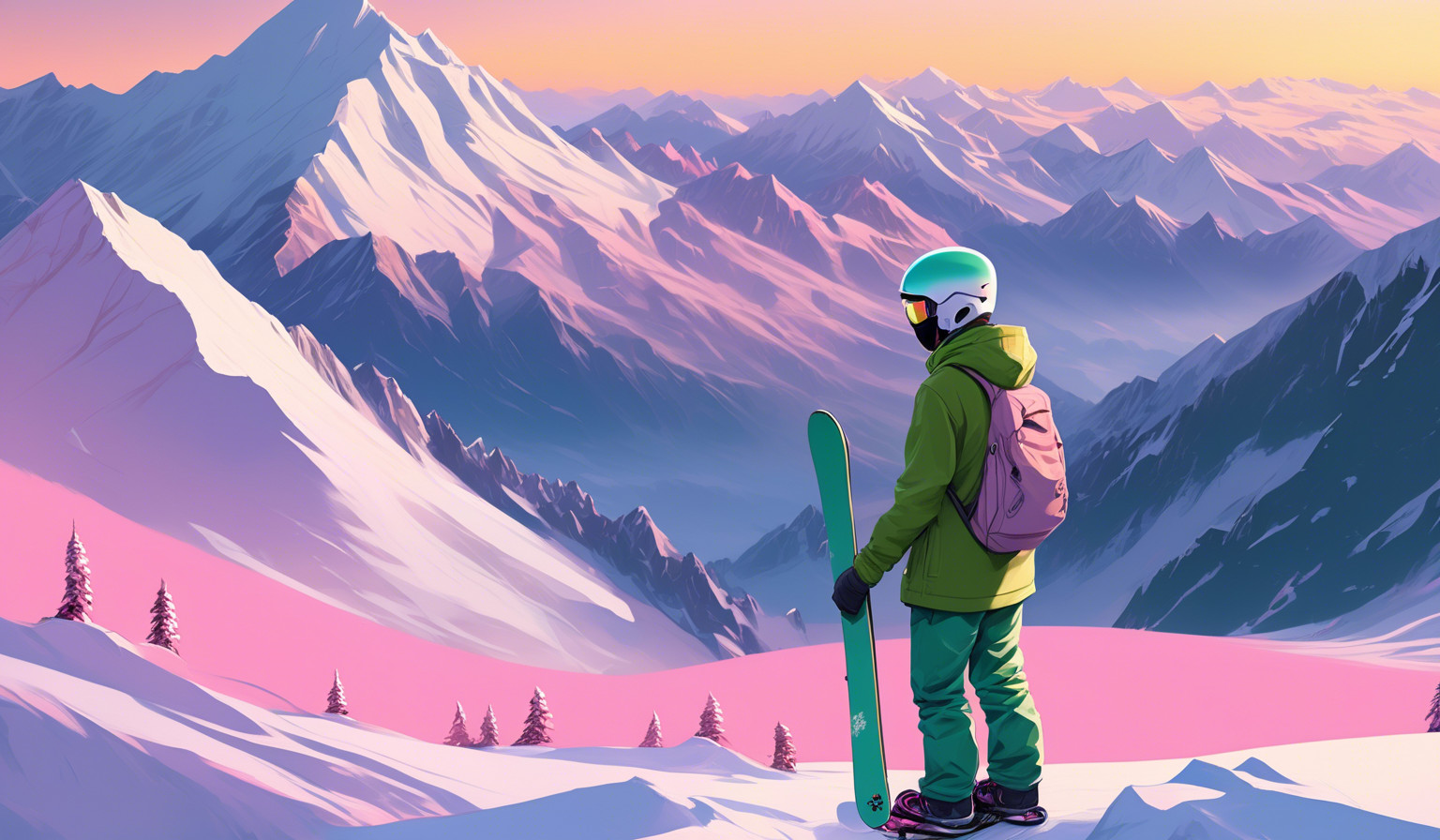 A snowboarder wearing baggy green pants, a light gray hoodie, and a cream ski helmet. He is relatively small to the scale of the mountains, but still big enough to be prominent in the scene . He is standing on a snowy overlook, facing tall snowy mountains. The sky is blue and pink and the sun sets. The colors from the sunset are cast onto the mountains, giving them a blue and pink hue. The overlook with the snowboarder on it is in the top left quadrant of the screen.