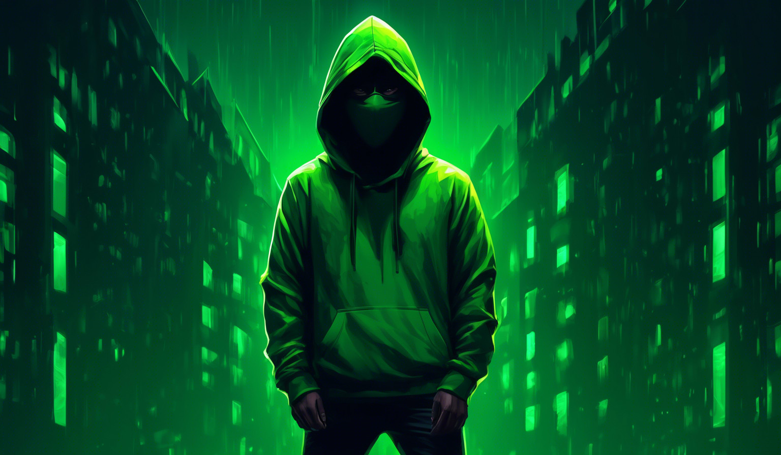 Dark wallpaper with masked guy with green hoodie