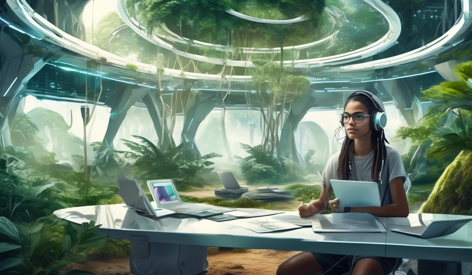 A brazilian white student preparing for public tender in a futuristic with mix of technology and nature enviroment