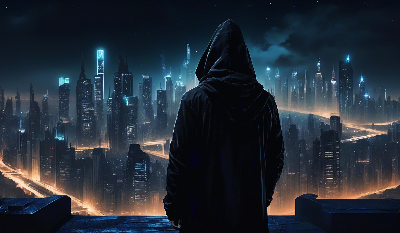 A man dressed in black with a hood seen from behind on the roof of a building looking at the futuristic city at night.