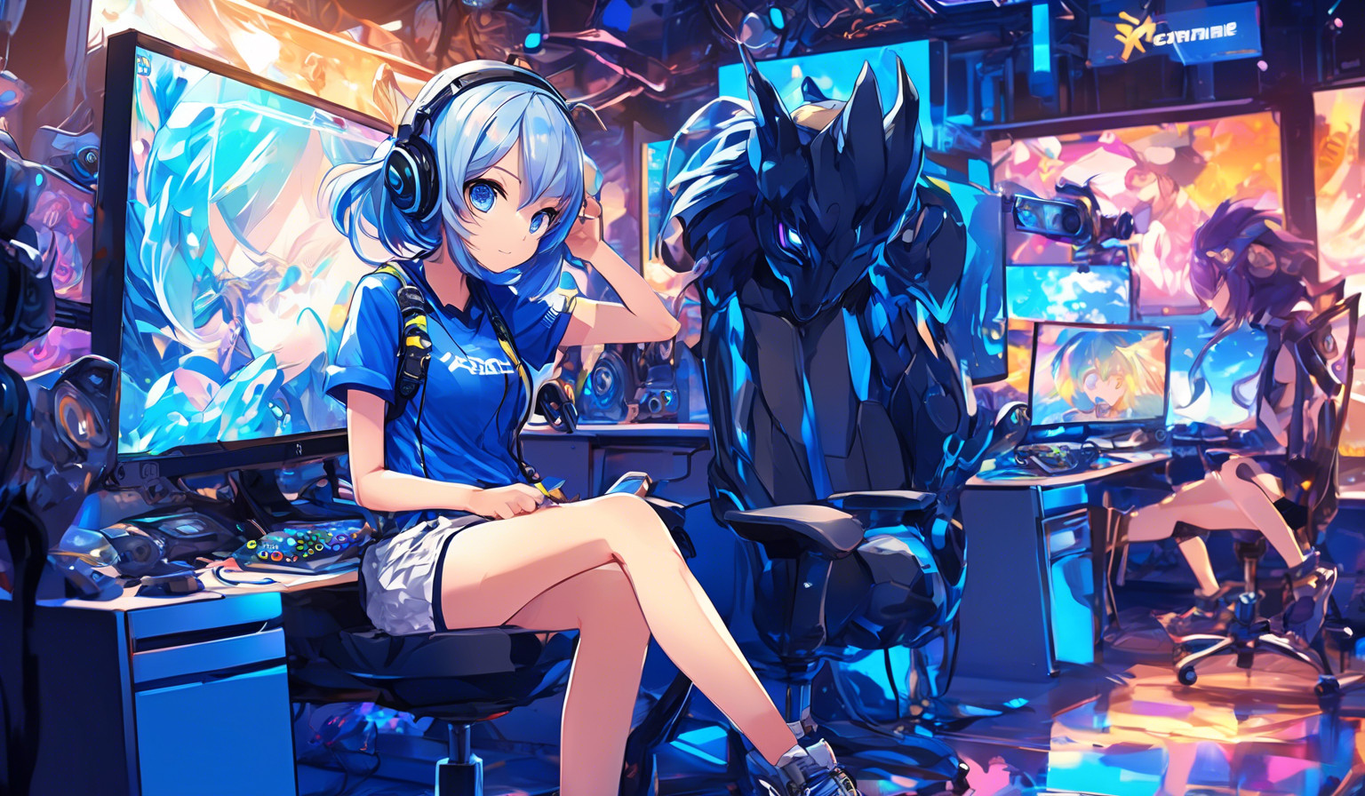 Chica anime, jugando en un xbox, sentadauna silla gamer azul, vestida con mini shorts y camisa sin mangas, ojos azules, cabello negro conestilo cola de caballo.