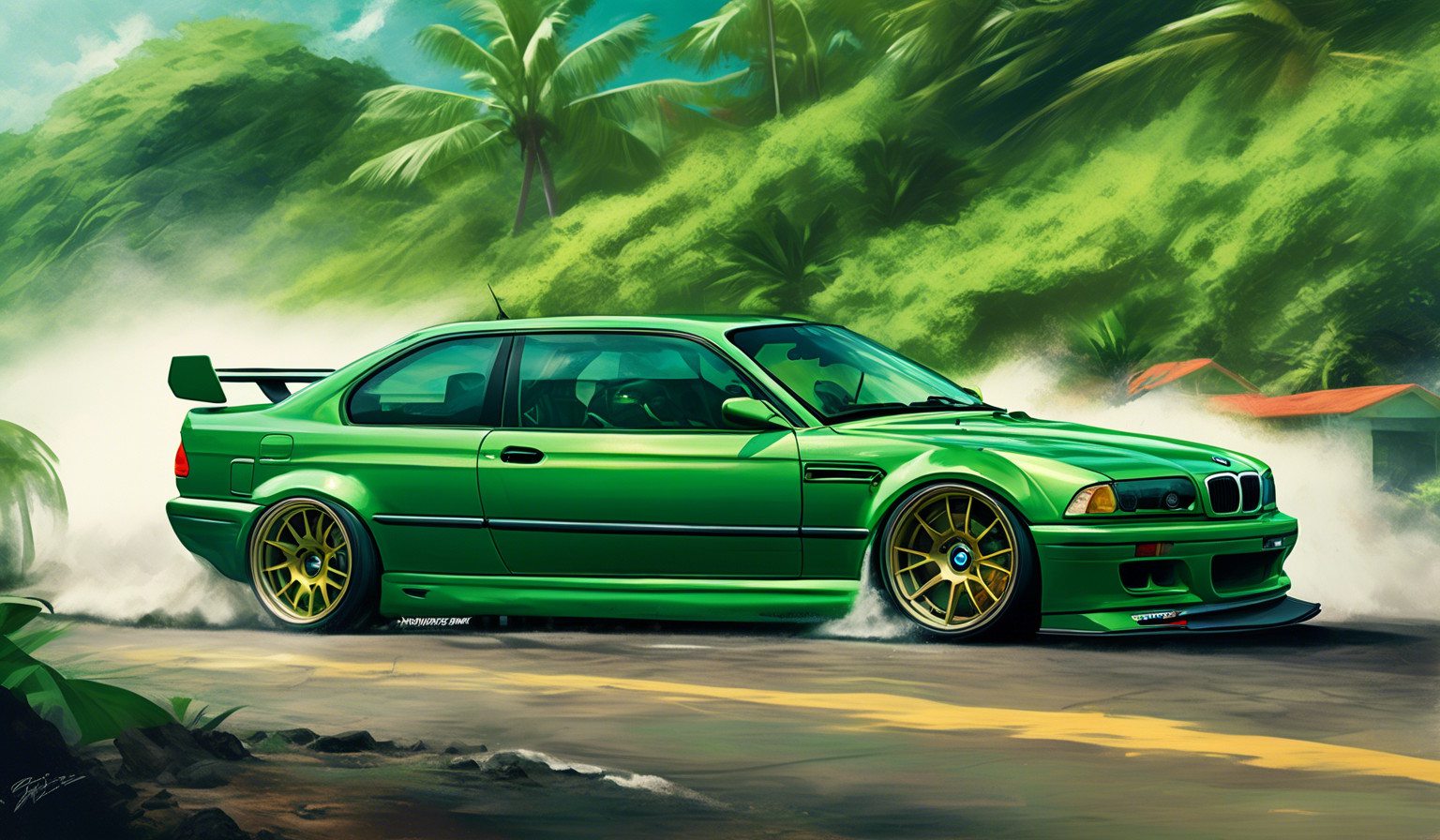 1997 green bmw m3 drifting around corner in hawaii