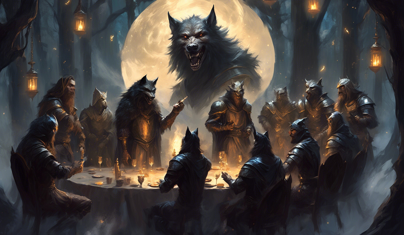 A werewolf smoking with some knights in a circle