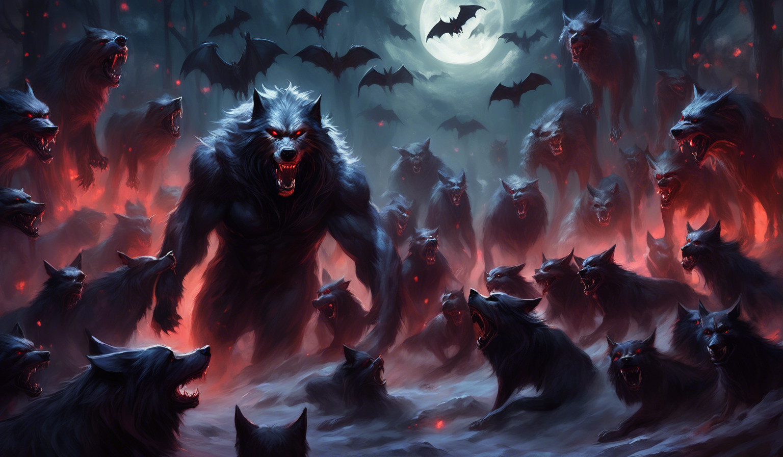 A lone werewolf surrounded by vampires