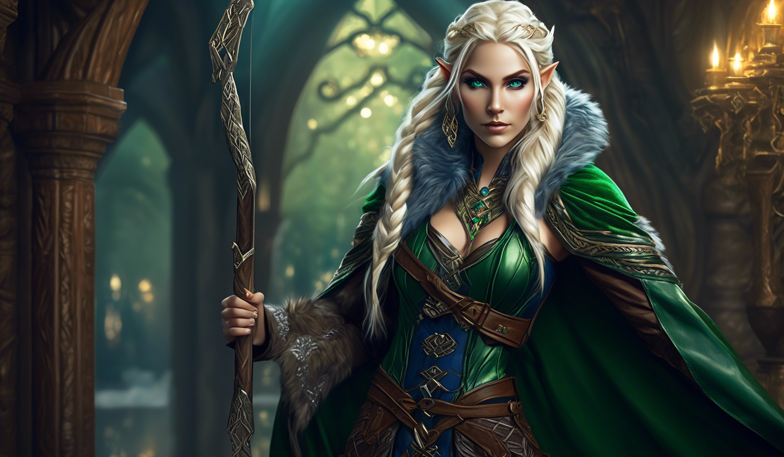 A stunningly beautiful Elf woman with long braided platinum blond hair, gazing directly at the viewer with piercing, deep blue eyes. She is dressed in an elaborate fantasy archer outfit, featuring a dark green cape with fur trim that flows gracefully behind her, a green leather corset adorned with intricate details, a matching green leather skirt, a brown belt cinched at her waist. The elf woman stands in a mystical forest teeming with lush vegetation, including vibrant moss, various mushrooms of different shapes and colors, and lush grass that carpets the forest floor. Sunlight filters through the dense canopy of ancient trees, casting a magical, dappled glow on the scene. The image is depicted in a highly detailed, fantasy art style that blends realism with imaginative elements. Ultra detailed face and eyes