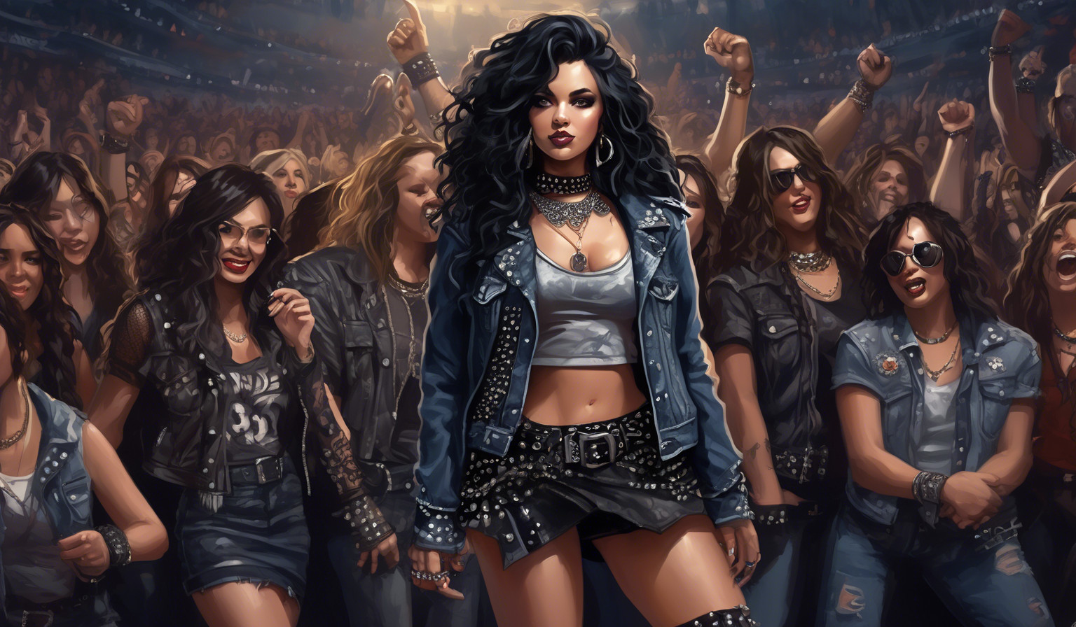 A small, petite heavy metal fan with long black curls, adorned in a thigh-length skirt, studded collar, studded bracelet, studded belt, and a lace mimitop and an open denim jacket stands in the front row of howling heavy metal fans