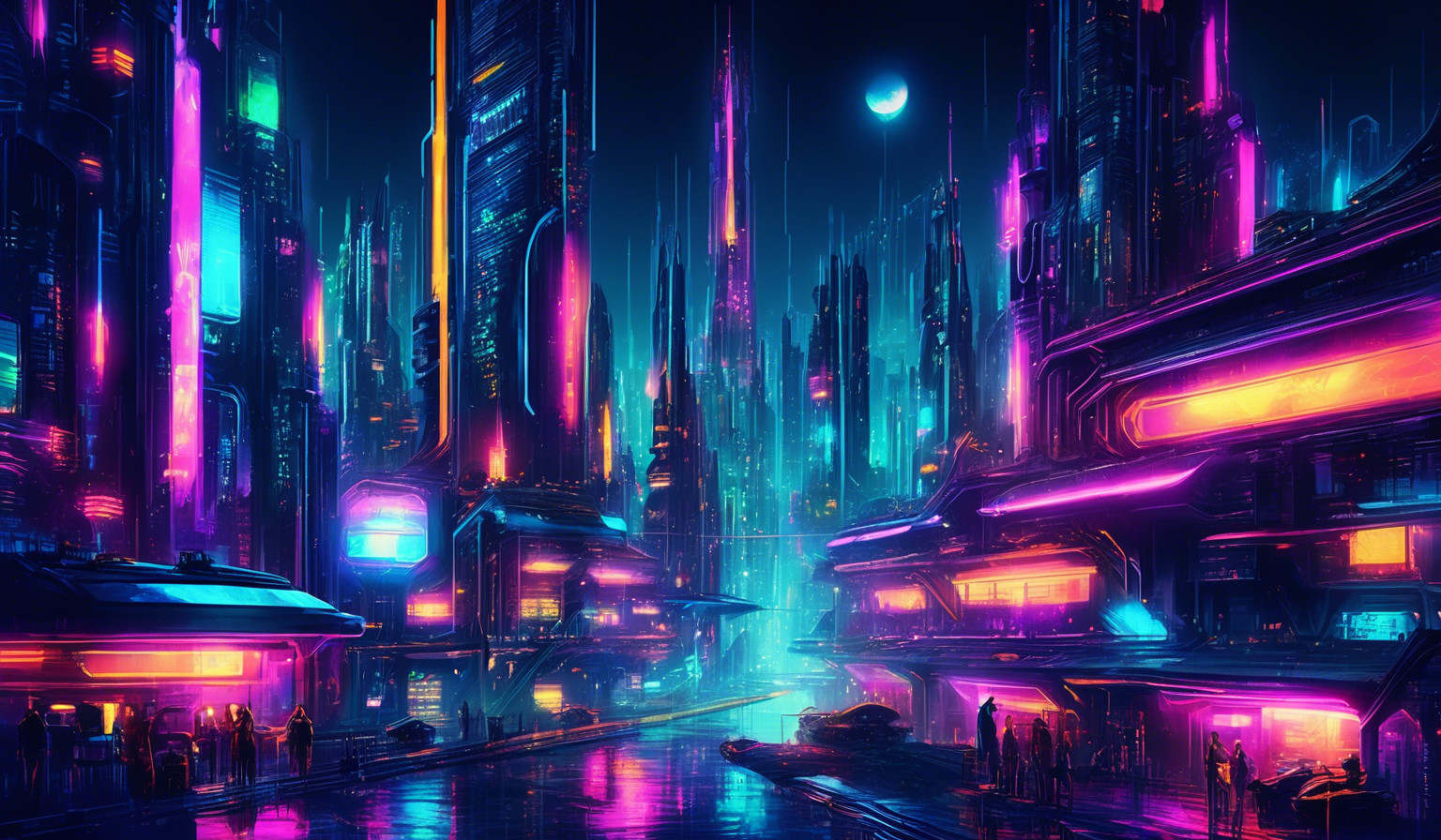 Futuristic city at midnight with neon lights