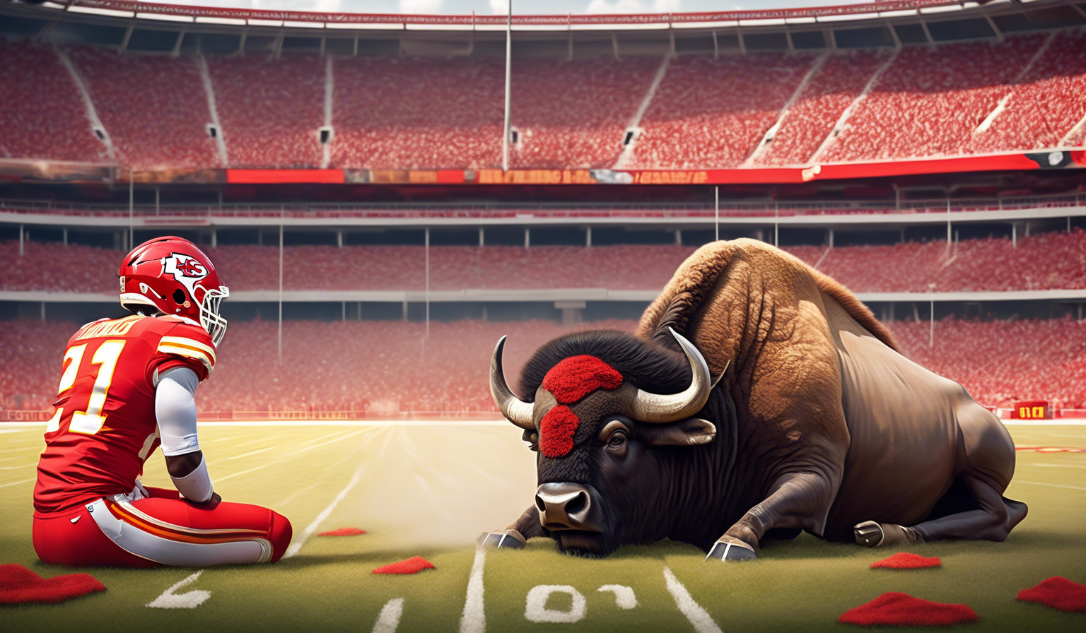 A large buffalo standing on top of a Kansas City Chiefs football player who is lying face down on the field at the Kansas City Chiefs football stadium