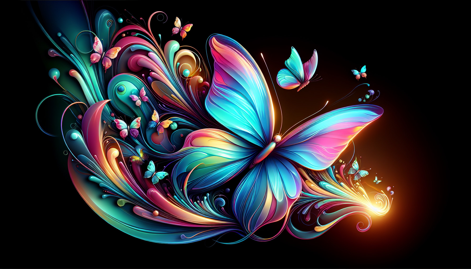Create a wallpaper that looks very modern, almost like shiny glass! Of a Big, beautiful butterfly in the center. The butterfly is very realistic.  The butterfly is pink and turquoise. One wing, one color; the other wing, the other color. Colorful swirls and flames coming off the butterfly. Tiny butterflies are covering the large butterfly and flying around, on and off the large butterfly. Their wings are fluttering.