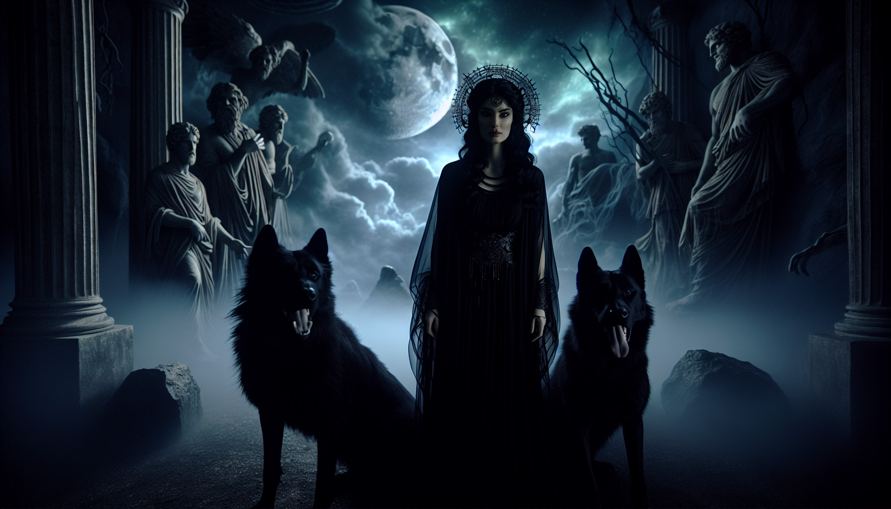 Greek mythology, goddess hecate in the underworld, black hair, adorned in a flowing black robe, two black dogs at her side, ancient greek gods behind her, dark moonlight, mist, portrait photography, taken with a 50mm lens, hyper-realistic