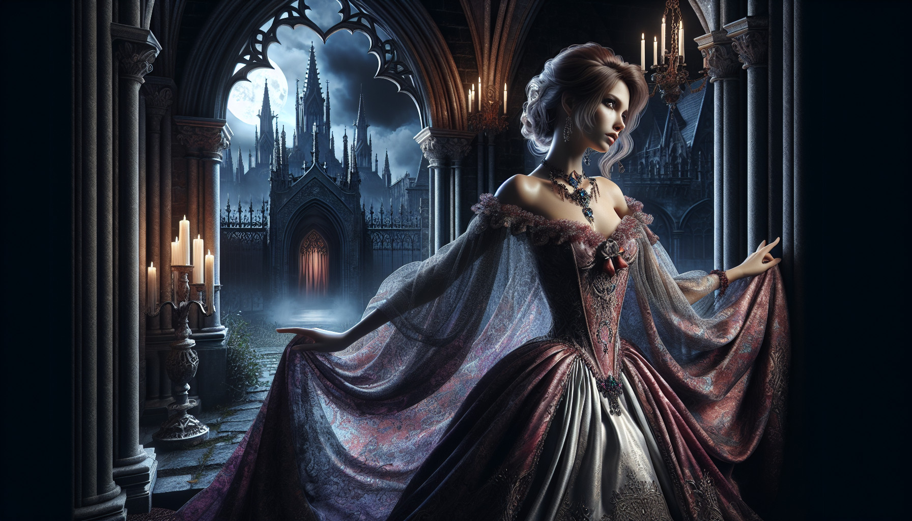 Beautiful vampire in a gorgeous dress in a gothic castle on halloween, fantasy, mystic, realistic photo, high detail, digital painting, cinematic, stunning, hyper-realistic, sharp focus, high resolution 8k, insanely detailed