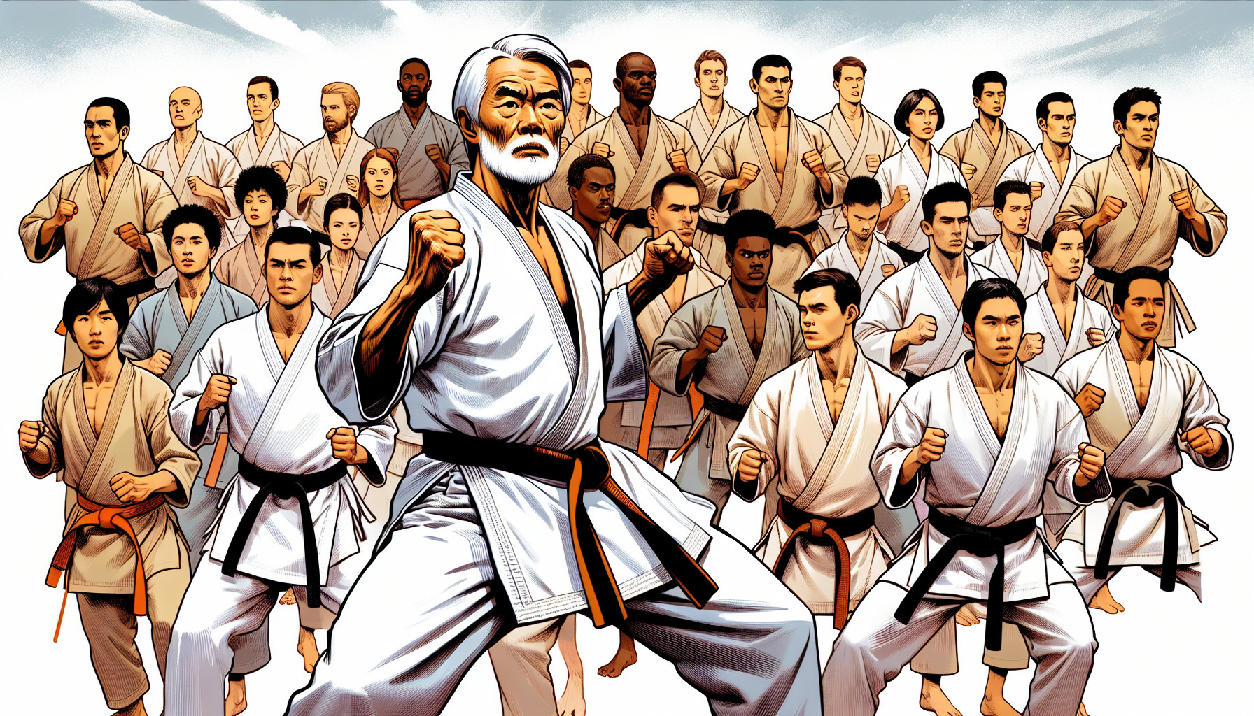 Una imagen de sosai oyama realizando kyokushin con mil alumnos