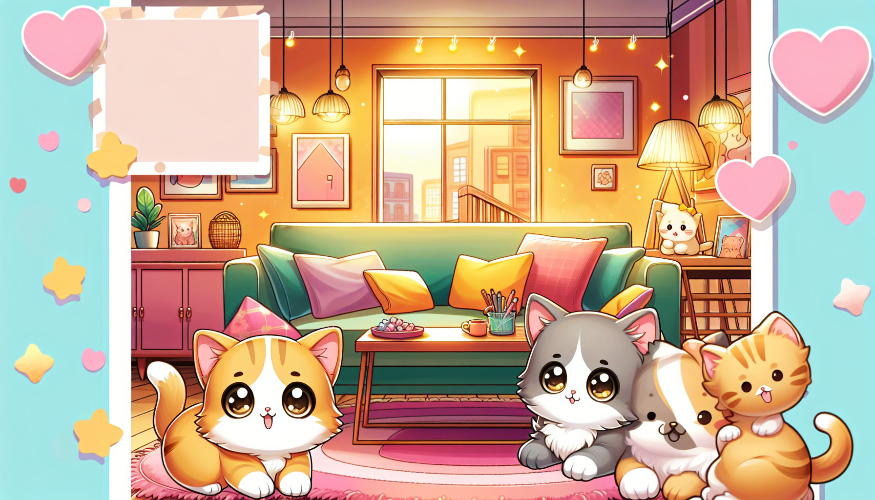 Lovely cartoonkittens looking out from the screen on me. with a backdrop of a cartoon livingroom