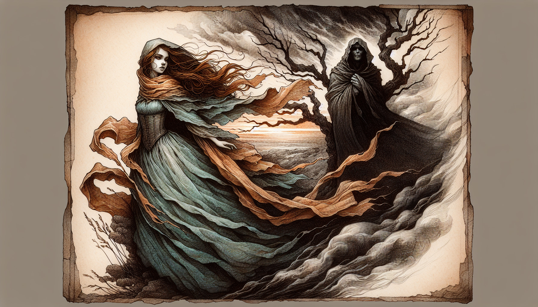 Gothic romantic illustration, windswept moor at dusk, woman in pale teal flowing dress with ochre scarf, chestnut hair; tall hooded man in black cloak behind her, protective pose, face in shadow; gnarled leafless tree framing right side; stormy sky, dramatic wind and billowing fabric; ink-and-watercolor, cross‑hatching, sepia tones, paper grain, chiaroscuro, moody and melancholic, high detail