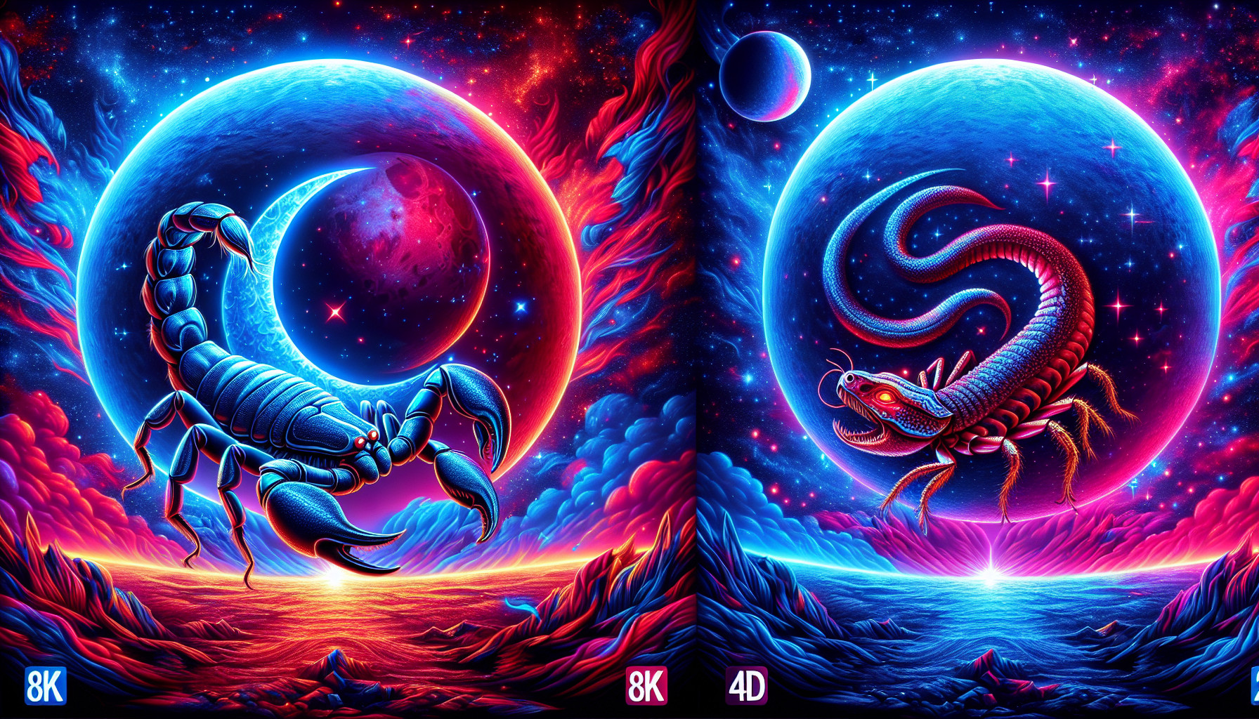 i want skorpion and snake wallpaper 8K 4D hyprid format , skorpion eyes has to be neon blue and snake eyes neon red, they have to be together , skorpion side i want neon blue moon and snake side i want neon red moon, in the sky has to be shine stars, they are cosmical planet