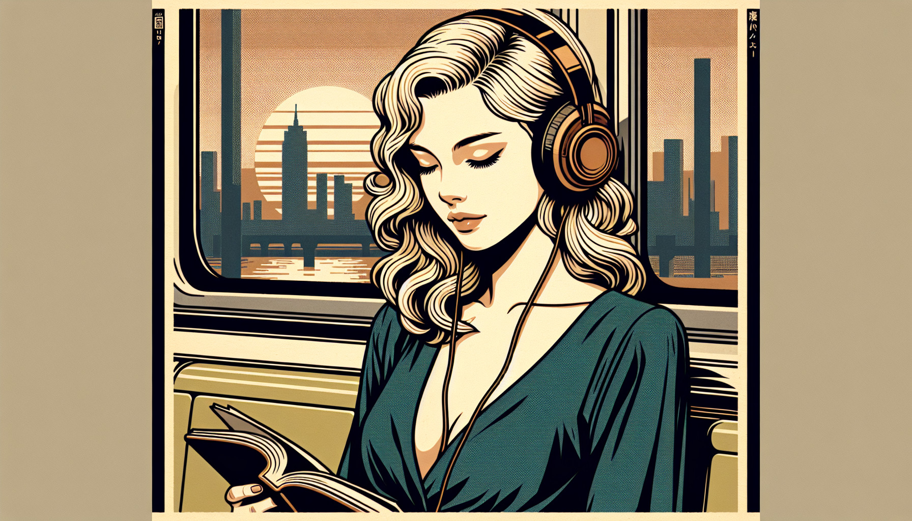 Blonde girl, low cut top, blue eyes, over ear headphones on, reading a book, peaceful, serenity, beautiful, sitting on a metro train, window behind her with city scape visable, sun rise, beautiful skyline