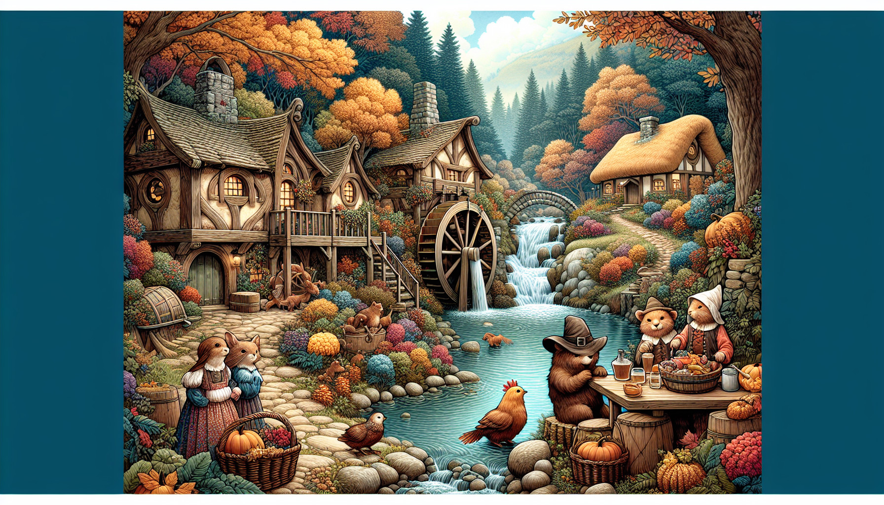A cute forest Thanksgiving with woodland creatures dressed up like the first Thanksgiving. In a cute hobbit like village. The village has a stream, which flows through town, that has a mill with a water wheel in the stream.