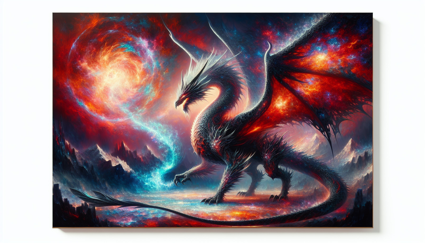 A red and black scaled four legged fearce dragon breathing blue fire