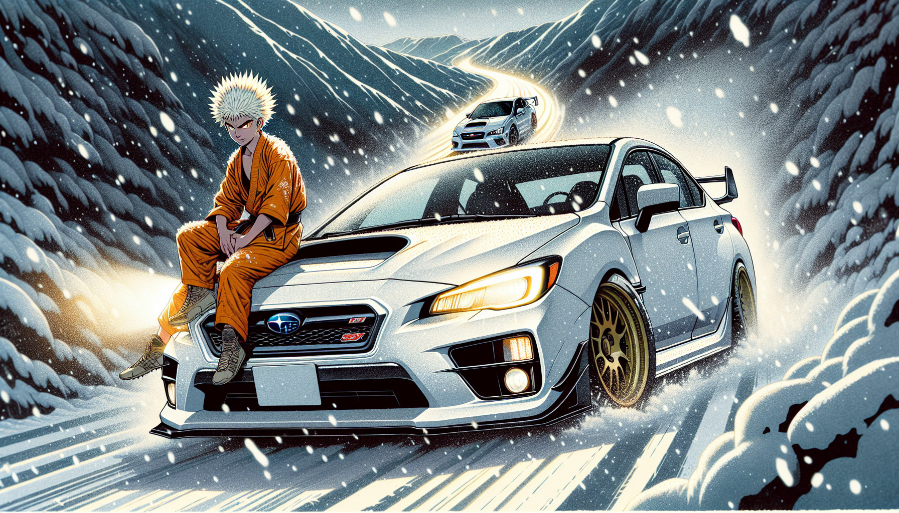 2015 subaru sti in white driving in snowy mountain road with goku driving and naruto sitting passenger