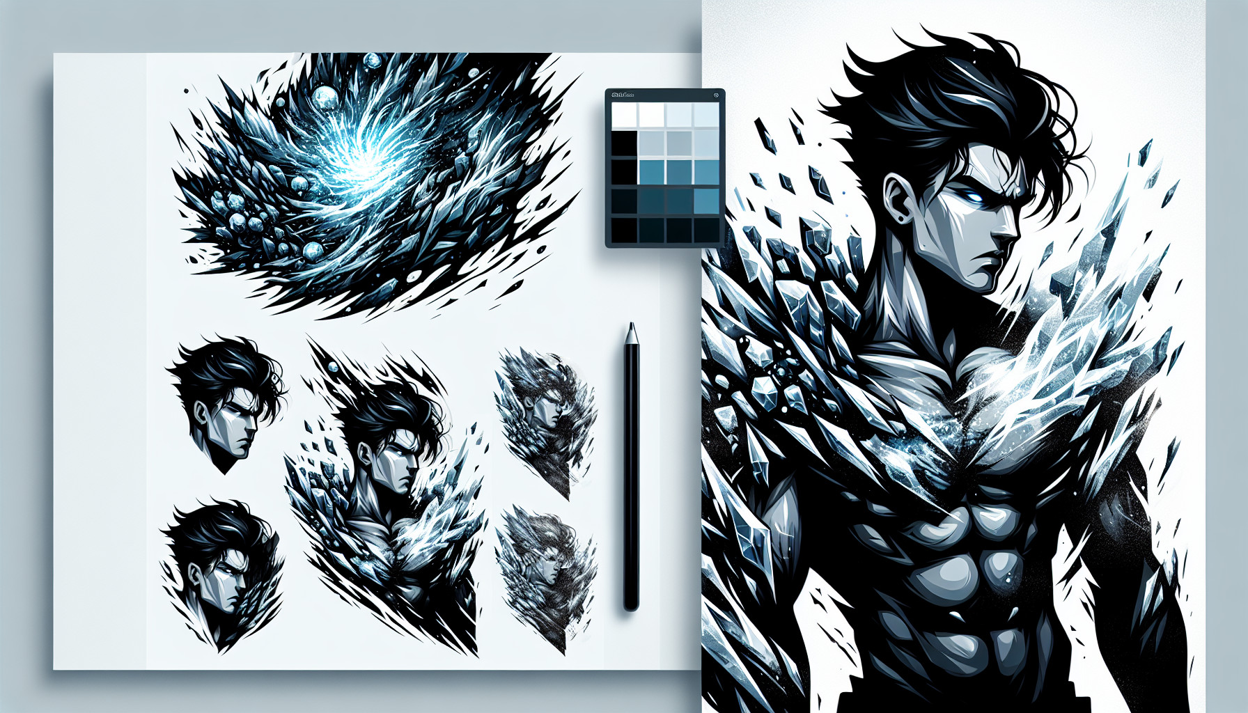 Guy with black hair lean body type wice ice powers dark and edgy