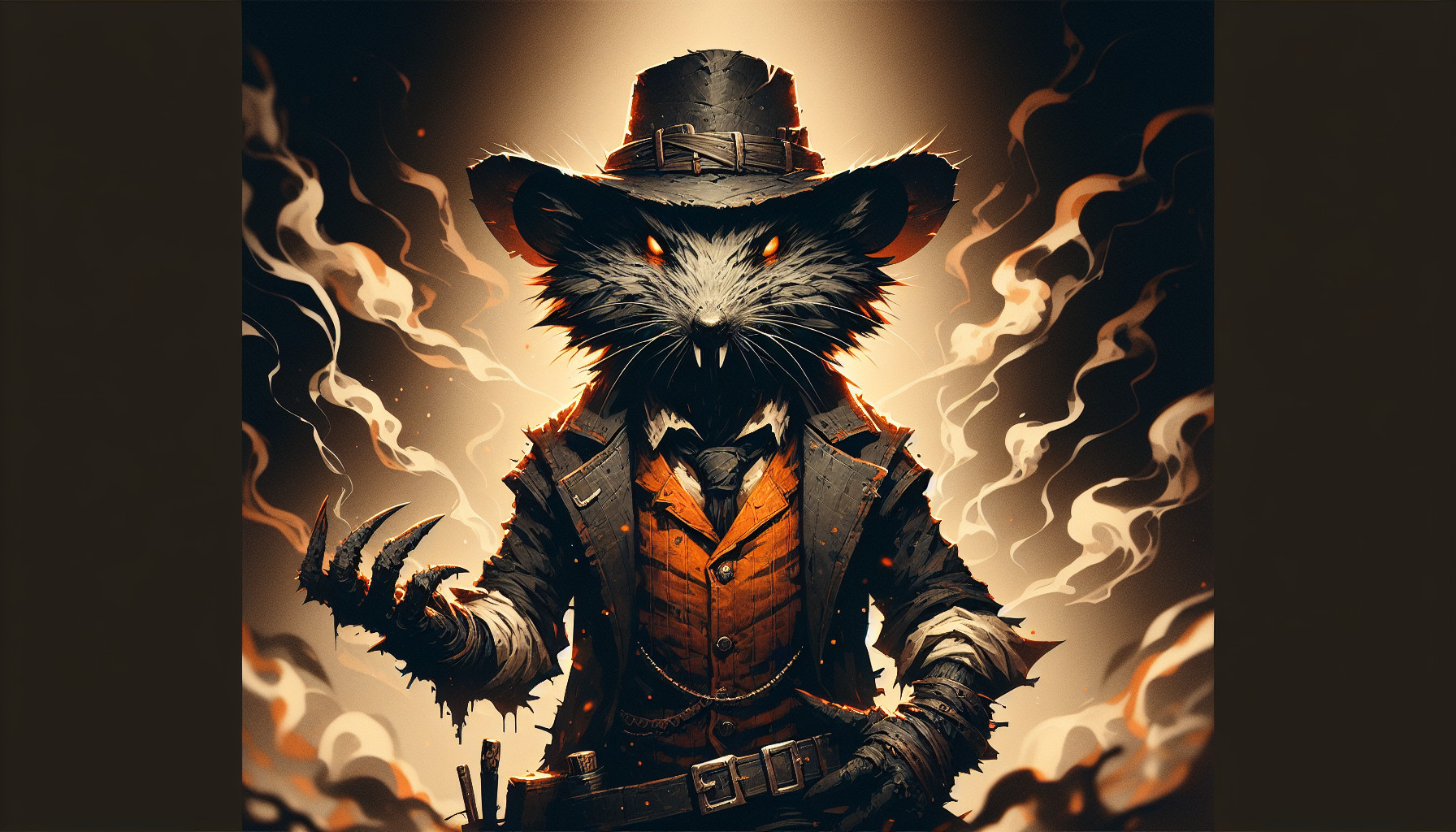 Grab twitch from league of legends and his skin high noon, use mostly black and orange collours, ad so smoke coming out of him make it menacing and dark