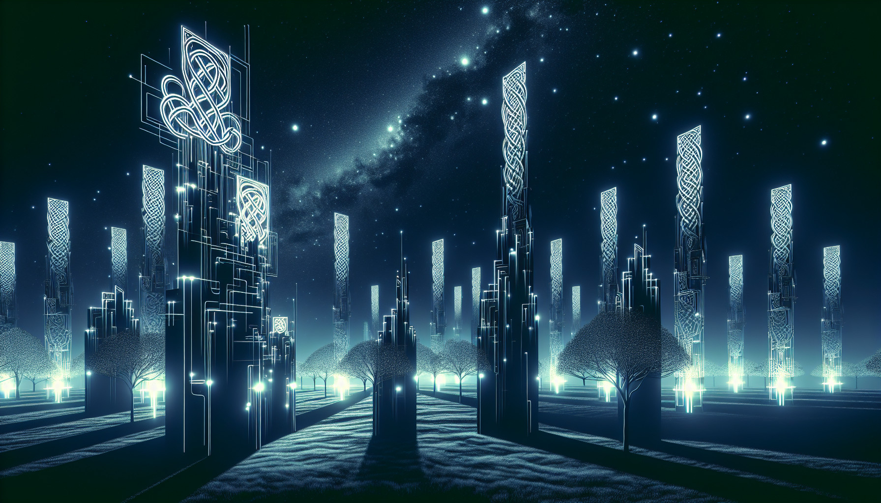 A dark sky with a cyberpunk styled celtic park