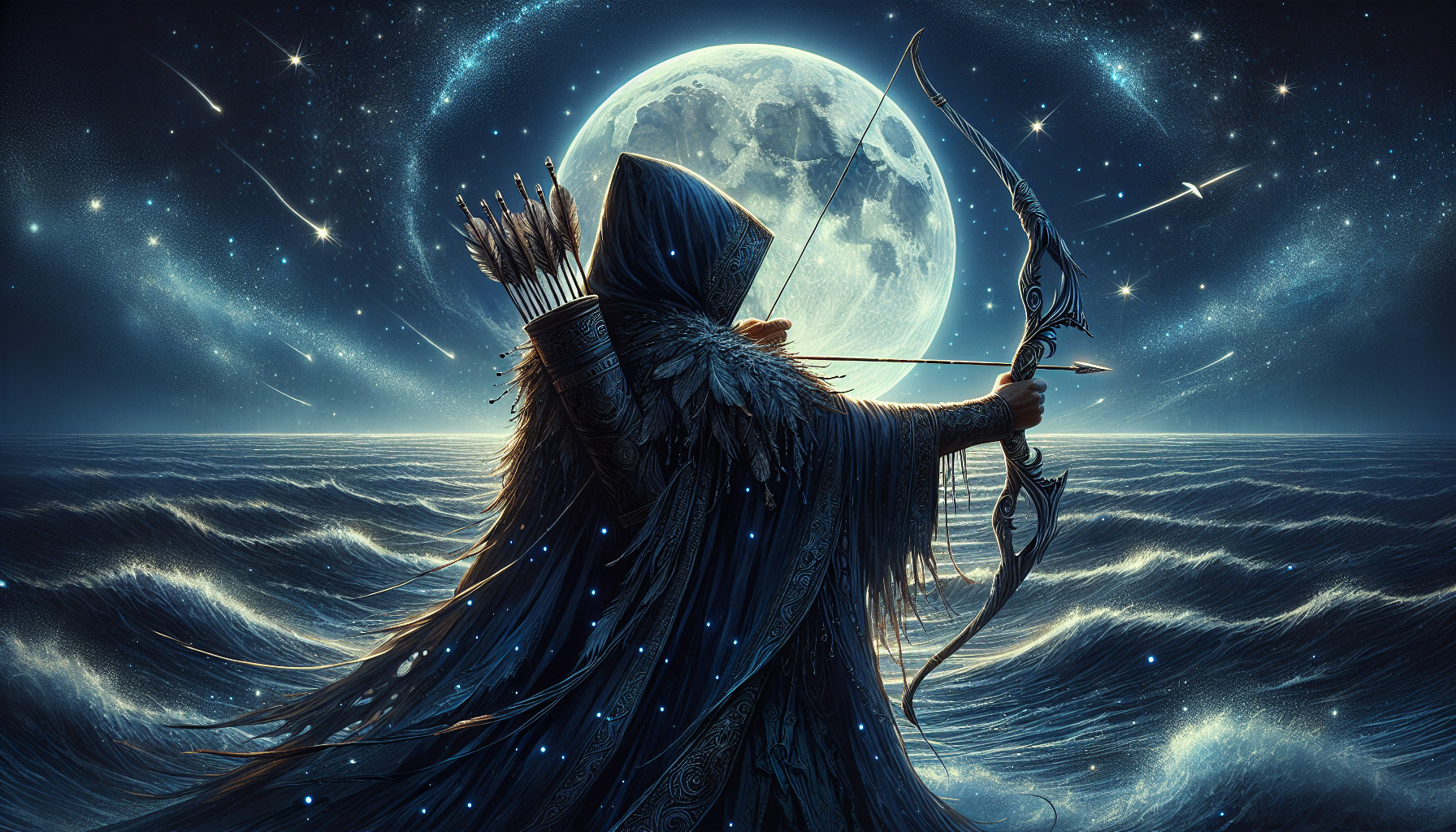A lone guardian, mysterious and handsome stands in the middle of the sea at night. Illuminated by only the Full moon and endless stars, the guardian wields the sacred Bow of Light, that of which is formed with angel feathers, he firmly holds the Bow of light with a single celestial arrow in place, aimed upward, ready to loose it upon the full moon and the night sky that it embraces.  