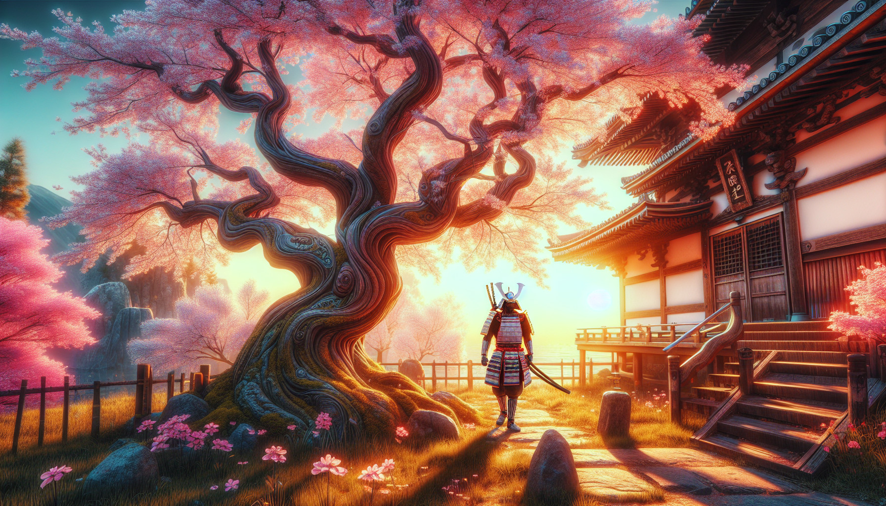 cherry blossom tree with a temple and a samurai