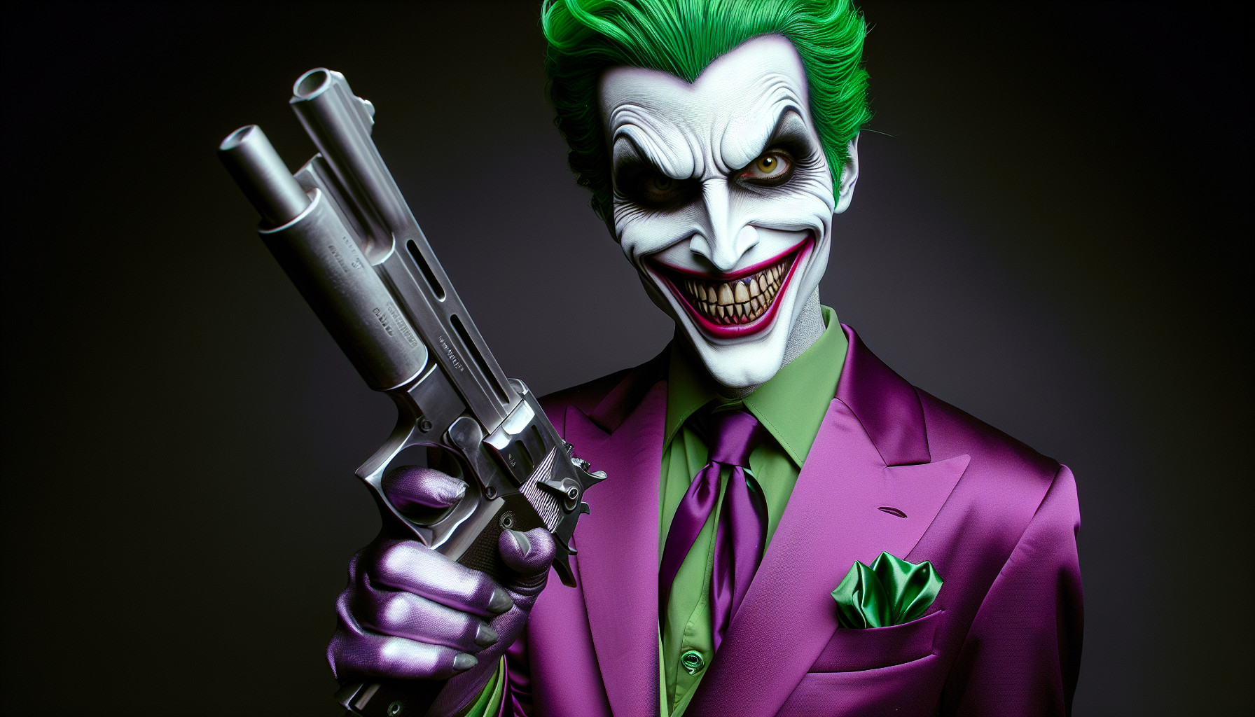 Joker smiling holding gun