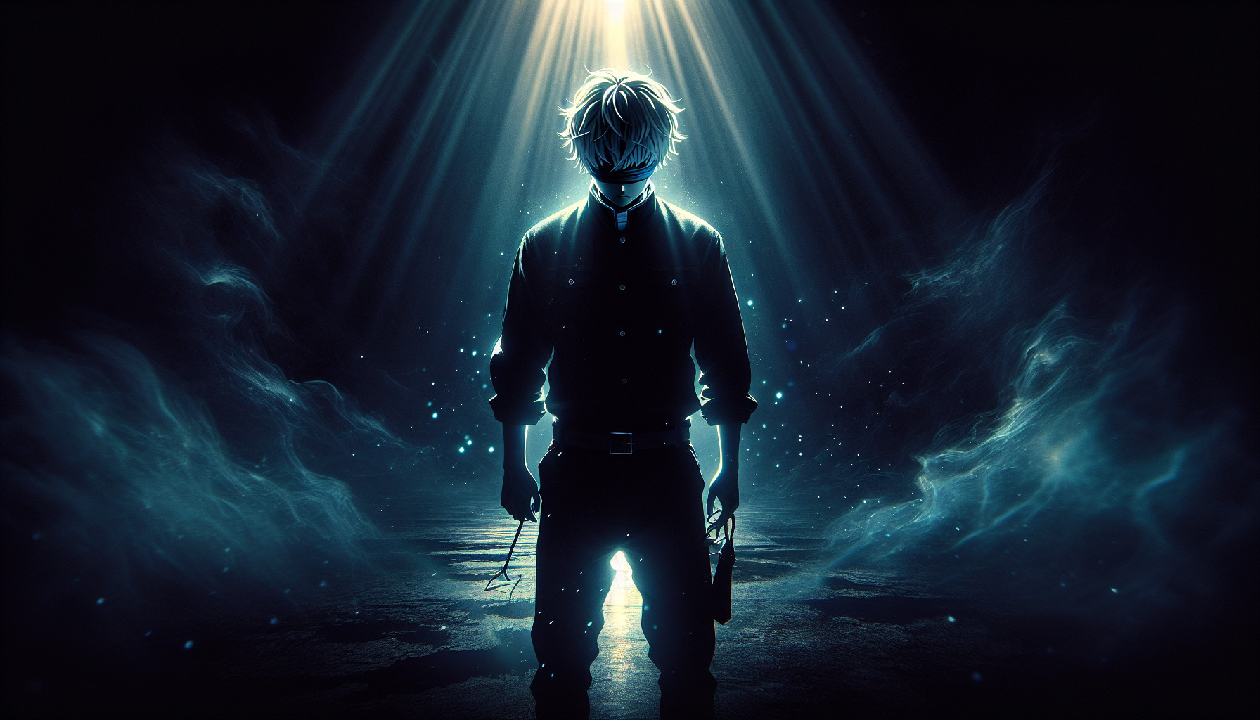 Gojo Satoru from Jujutsu Kaisen, standing alone in a dark atmosphere, dramatic shadows, faint blue glow from his eyes and blindfold, high-contrast lighting, subtle energy particles drifting around him, detailed anime style, cinematic composition, deep blacks and cool blues, moody ambience, ultra-sharp, perfect for a phone or desktop wallpaper.