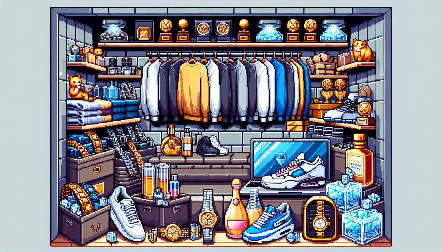 A picture of a luxury basement full of watches, perfumes, clothes, sneakers, ice necklaces, trophies, and stuff