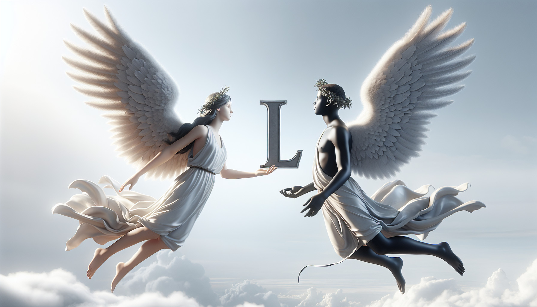 two angels holding the letter L and the other angel holding the letter M floating