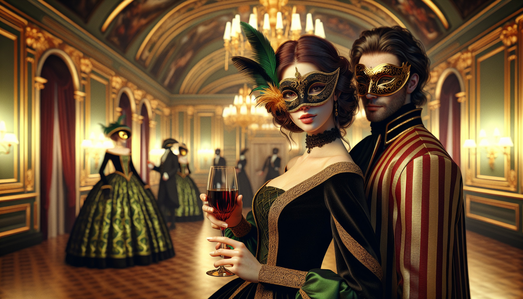 A woman, appearing to be in her late 20s or early 30s, of Caucasian ethnicity, stands at the center-left. She wears a golden masquerade mask with a feather detail, a black long-sleeved gown with a green bodice and a voluminous skirt divided into green and patterned black sections. She holds a glass of red wine in her left hand, her expression is composed. To her right, a man in a red and white striped jacket, also wearing a golden mask, is kissing her hand. Other masked figures are blurred in the background, set within a lavish ballroom. The room features ornate walls, large chandeliers, and warm, golden lighting. The composition employs a shallow depth of field, focusing on the couple. The perspective is from a slightly low angle, enhancing the elegance of the scene. The atmosphere is formal and suggestive of a sophisticated masquerade ball.