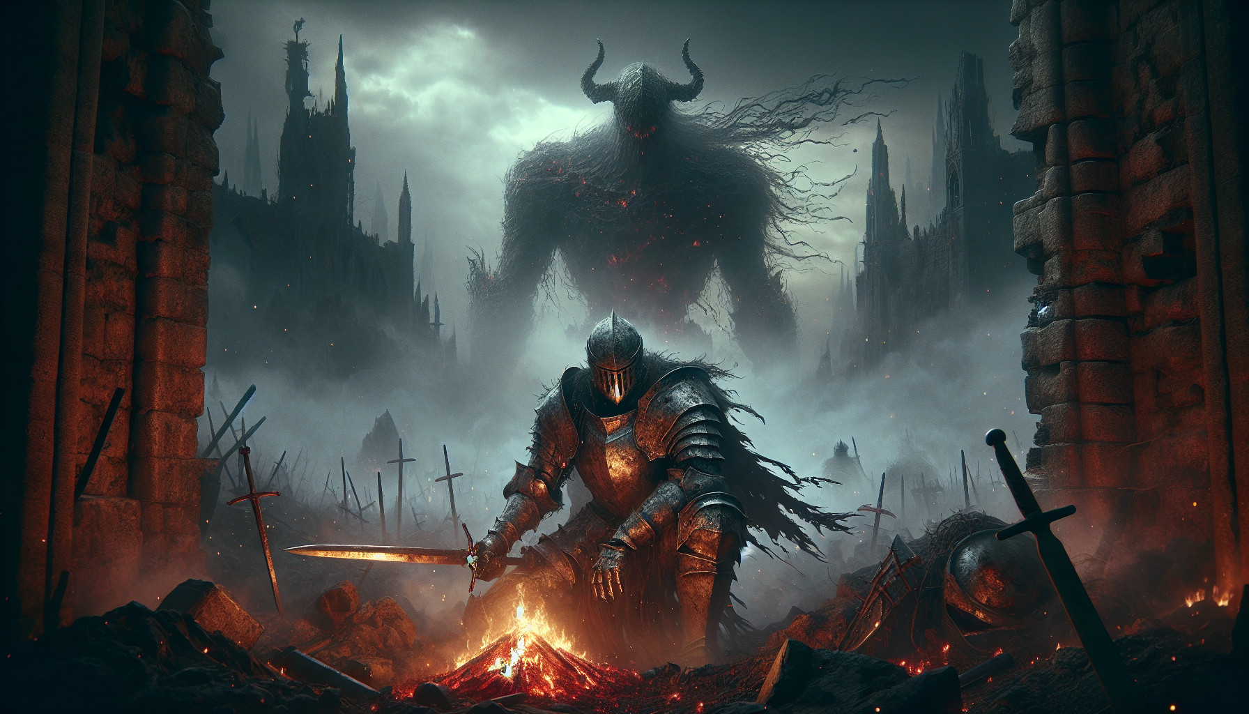 knight, broken armor, sword, demon, smoke, embers, ruin, fort, alone