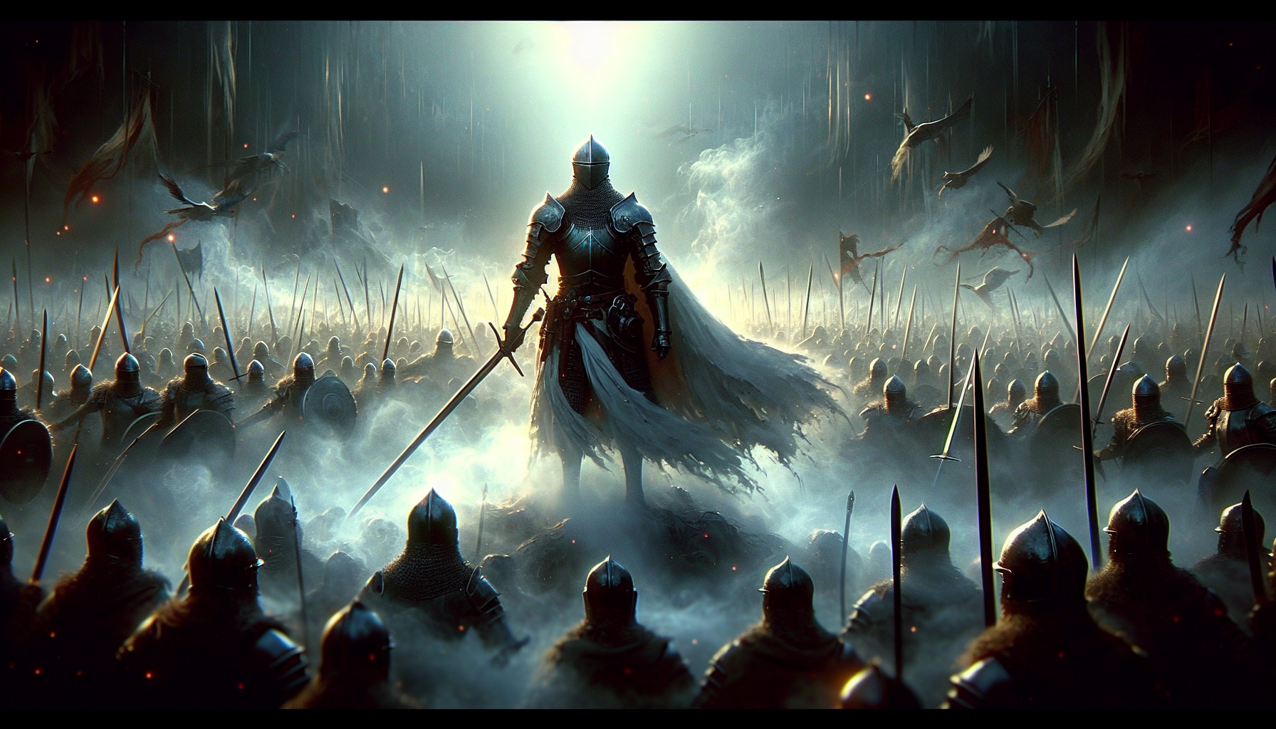 knight, longsword, alone, horde, mist, smoke, indomitable