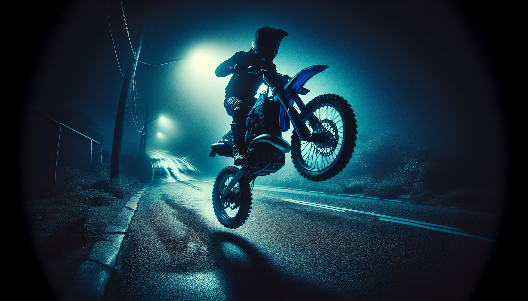 Blue Dirtbike wheeling down a  dark road