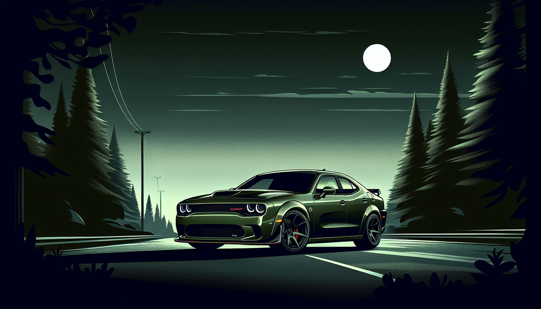 Olive green scat pack at night in the road