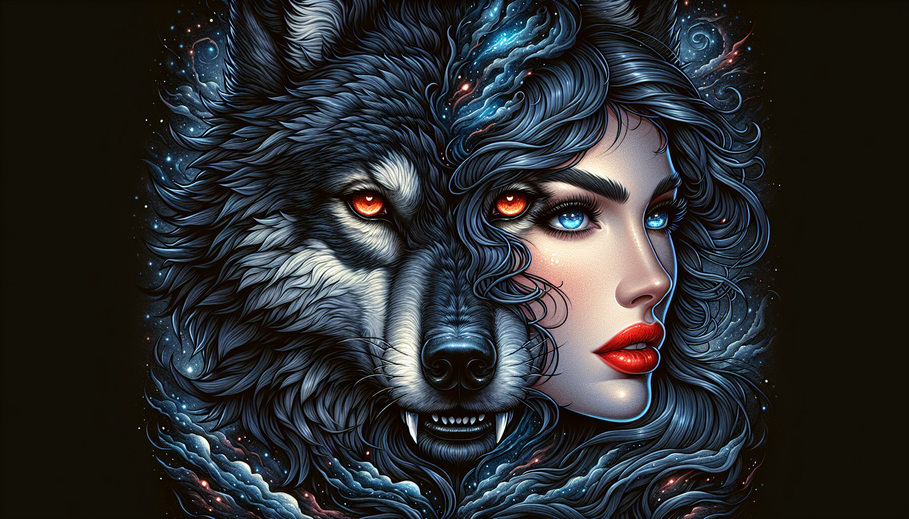 An artistic, fantasy-themed image depicting a composite of a wolf and a woman. The wolf, rendered in dark, deep blues and blacks, occupies the upper half of the frame, its profile facing the right, its gaze sharp and intense with glowing amber eyes. Adjacent and overlapping the wolf is a woman's face, also facing towards the right, with similarly colored, but more reddish amber eyes, intense and captivating. Her lips are bright red, and bared fangs emerge. The background is a dark night sky dotted with subtle stars, with swirling blue nebulous shapes, adding depth and an ethereal feel, coming from the upper left. The lighting is focused, casting shadows that emphasize the features of both the wolf and the woman. The overall style is reminiscent of fantasy art, with a mystical and slightly ominous atmosphere. The composition is centered, creating a sense of balance.
