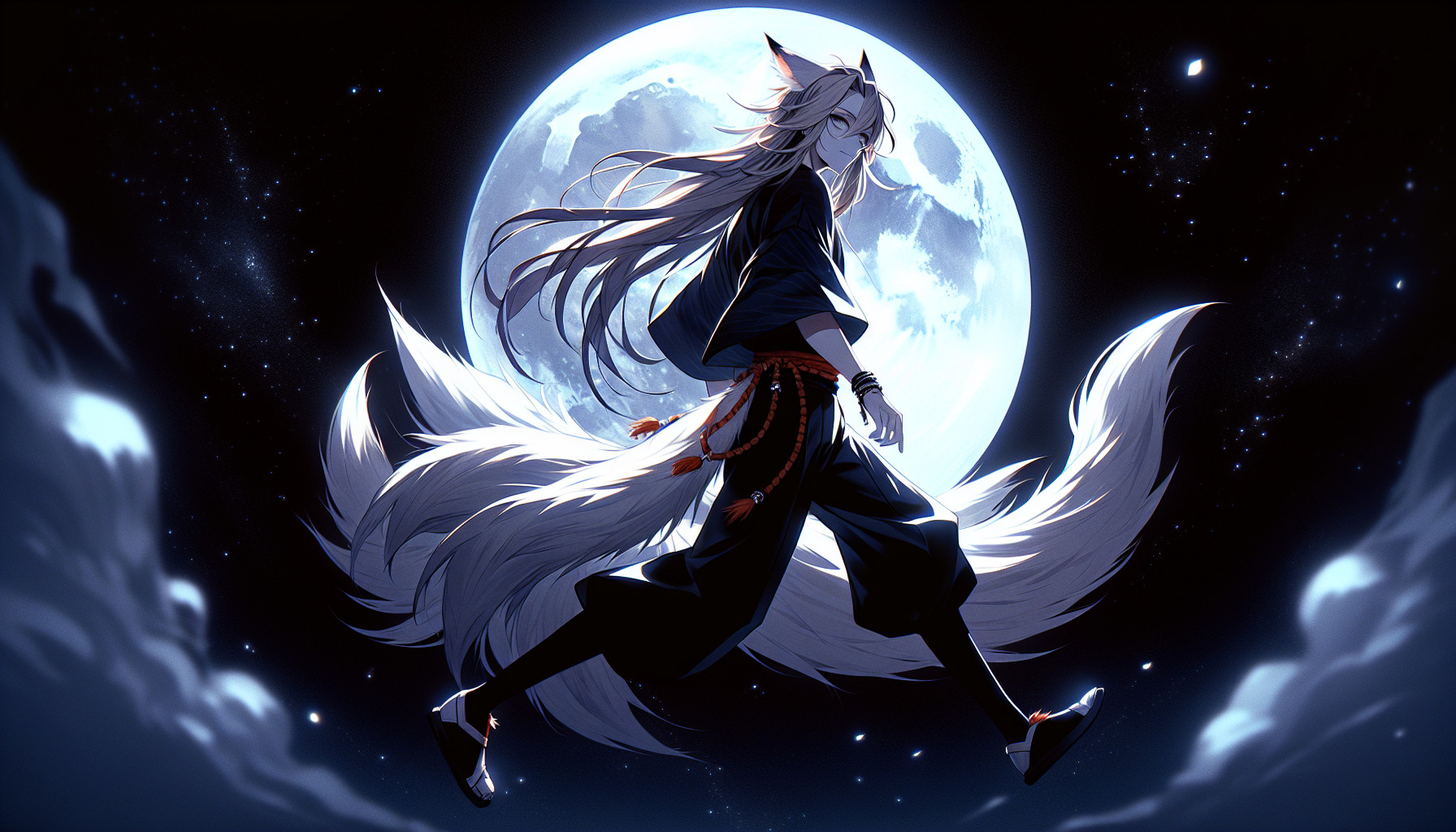 aganist a black night sky lit by a brifht full moon,the soft moonlight reveals a boy anime character with ling hair and  fox like tail flowing behind . they walk gracefully forward ,illuminated by the glow of the moon 