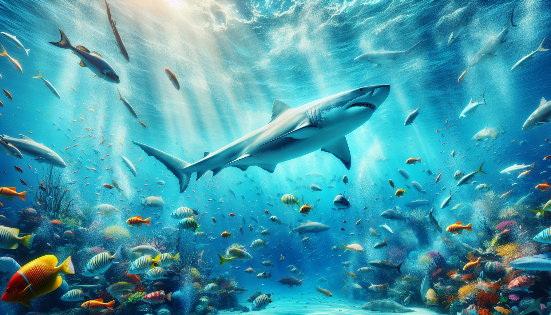 id like you to make a bright and colourful wallpaper of fresh blue water with fish in the background and a nice big shark in the foreground please 
