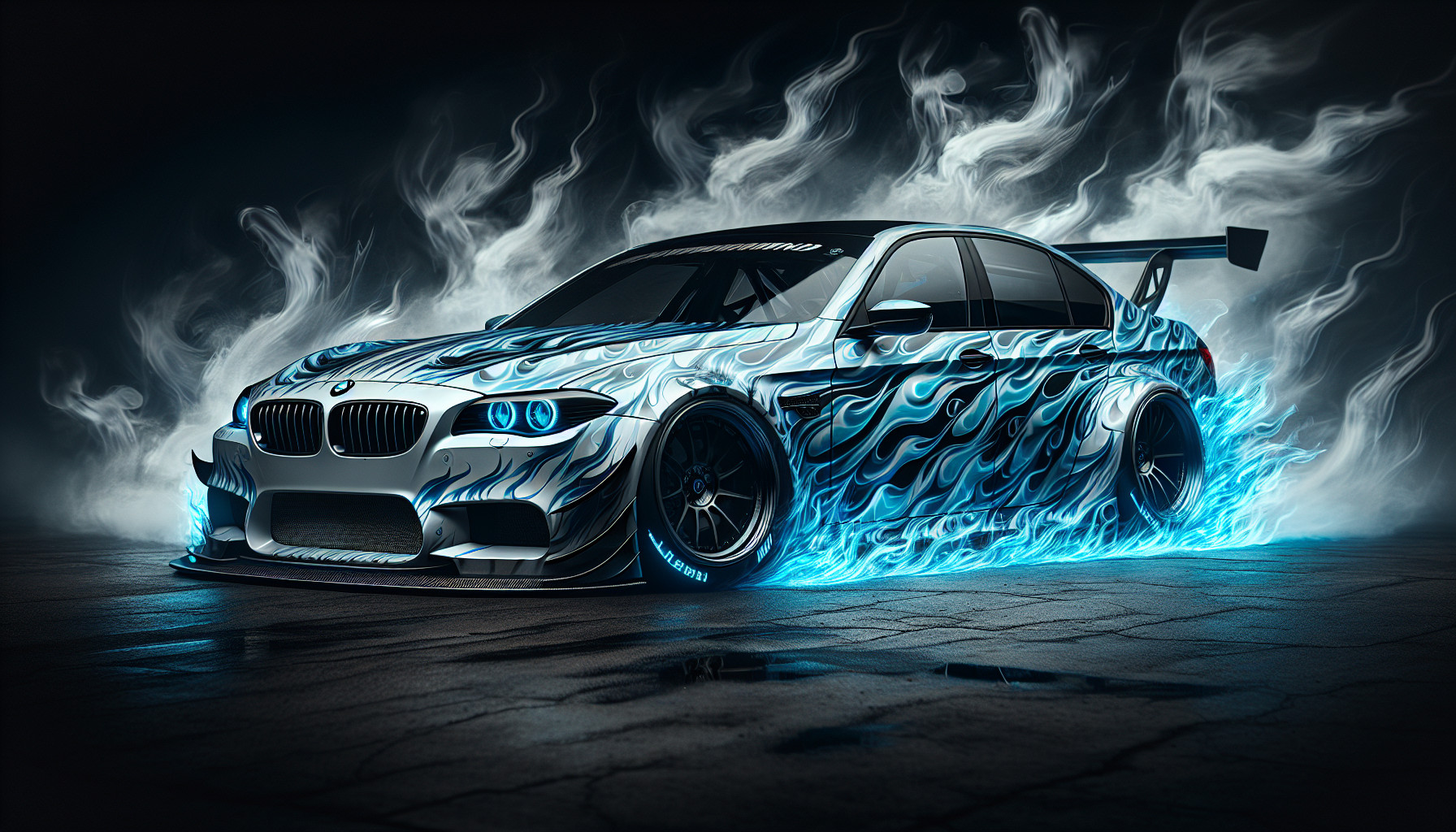 2010 bmw 528i highly customized race car with a sick wrap surrounded by blue ghost flames and smoking the tires